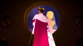 Movie still from “The Princess and the Frog” (2009), directed by Ron Clements – A man and a woman standing next to each other in front of an archway; Wide shot, Overhead angle