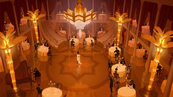 Movie still from “The Princess and the Frog” (2009), directed by Ron Clements – An illustration of a banquet hall with people standing around tables; Extreme Wide shot, High angle