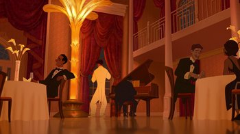 Movie still from “The Princess and the Frog” (2009), directed by Ron Clements – An illustration of two men and a piano player; Extreme Wide shot, Low angle