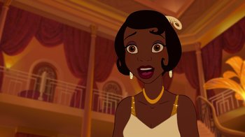 Movie still from “The Princess and the Frog” (2009), directed by Ron Clements – A cartoon of a black woman with brown eyes; Close Up shot, High angle