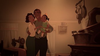 Movie still from “The Princess and the Frog” (2009), directed by Ron Clements – An animated picture of an african american family; Medium shot, Overhead angle