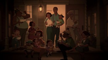Movie still from “The Princess and the Frog” (2009), directed by Ron Clements – An illustration of a group of people gathered in front of a house; Wide shot, High angle