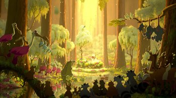 Movie still from “The Princess and the Frog” (2009), directed by Ron Clements – A group of animals in a forest with trees and flowers; Extreme Wide shot, High angle