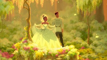 Movie still from “The Princess and the Frog” (2009), directed by Ron Clements – A man and a woman dressed as princess tiana and prince naveen; Wide shot, Low angle