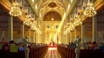 Movie still from “The Princess and the Frog” (2009), directed by Ron Clements – An illustration of a wedding ceremony in a church; Extreme Wide shot, Low angle