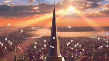 Movie still from “The Princess and the Frog” (2009), directed by Ron Clements – A painting of a church steeple and a sunset; Extreme Wide shot, Low angle