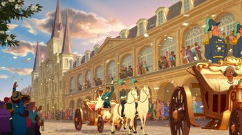 Movie still from “The Princess and the Frog” (2009), directed by Ron Clements – Two men are riding in a horse - drawn carriage in front of a building; Extreme Wide shot, Low angle