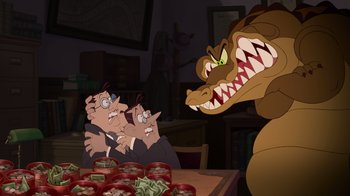 Movie still from “The Princess and the Frog” (2009), directed by Ron Clements – A group of people sitting at a table with food; Medium shot, Over the shoulder angle