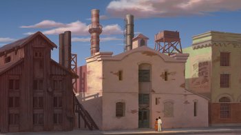 Movie still from “The Princess and the Frog” (2009), directed by Ron Clements – An old building with a man standing in front of it; Extreme Wide shot, High angle