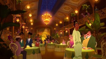 Movie still from “The Princess and the Frog” (2009), directed by Ron Clements – A group of people sitting at tables in a restaurant; Extreme Wide shot, High angle