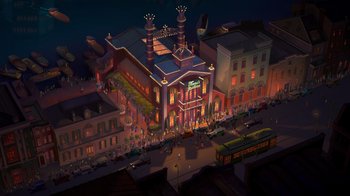 Movie still from “The Princess and the Frog” (2009), directed by Ron Clements – An illustration of a city at night with lights on buildings; Extreme Wide shot, Overhead angle