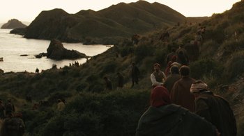 Movie still from “The Promise” (2016), directed by Terry George – A group of people standing on top of a hill; Extreme Wide shot, High angle
