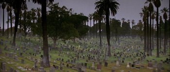 Movie still from “The Punisher” (2004), directed by Jonathan Hensleigh – A cemetery with a lot of headstones in the grass; Extreme Wide shot, High angle