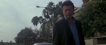Movie still from “The Punisher” (2004), directed by Jonathan Hensleigh – A man standing in front of palm trees and a car; Medium shot, Low angle