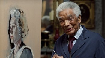 Movie still from “The Queen” (2006), directed by Stephen Frears – An older man standing in front of a painting; Close Up shot, Low angle