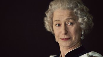 Movie still from “The Queen” (2006), directed by Stephen Frears – An older woman with a white hair and a black jacket; Close Up shot, Over the shoulder angle