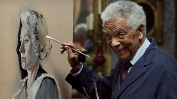 An older man is painting a portrait of a woman