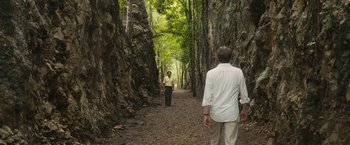 Movie still from “The Railway Man” (2013), directed by Jonathan Teplitzky – Two men are walking through a forest with trees; Wide shot, High angle
