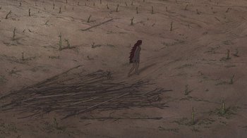 Movie still from “The Red Turtle” (2016), directed by Michael Dudok de Wit – A woman standing in the middle of a barren field; Extreme Wide shot, High angle