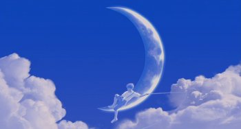 Movie still from “Shark Tale” (2004), directed by Vicky Jenson – A man is hanging from a rope on the moon; Extreme Wide shot, Low angle