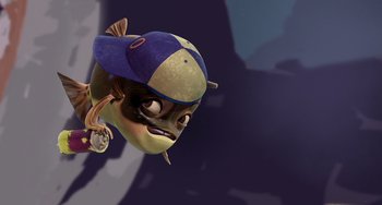Movie still from “Shark Tale” (2004), directed by Vicky Jenson – An animated character wearing a baseball cap and holding a baseball bat; Close Up shot, High angle