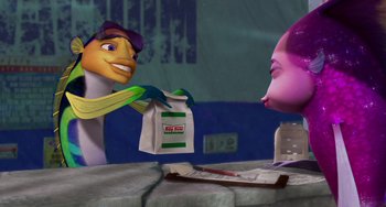 Movie still from “Shark Tale” (2004), directed by Vicky Jenson – Two people are sitting at a table and one of them is holding a bag; Medium shot, Over the shoulder angle