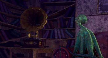 Movie still from “Shark Tale” (2004), directed by Vicky Jenson – An old gramaphone in a room full of bookshelves; Wide shot, High angle
