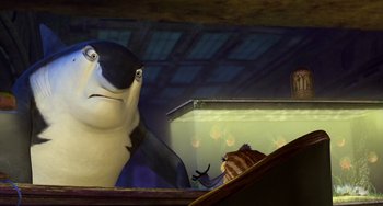 Movie still from “Shark Tale” (2004), directed by Vicky Jenson – A scene from the movie finding nemo; Medium shot, Low angle
