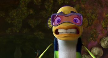 Movie still from “Shark Tale” (2004), directed by Vicky Jenson – The face of a snake wearing glasses; Close Up shot, Low angle