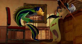 Movie still from “Shark Tale” (2004), directed by Vicky Jenson – A cartoon of a man and a woman in a living room; Medium shot, High angle