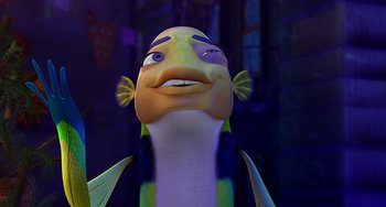Movie still from “Shark Tale” (2004), directed by Vicky Jenson – A cartoon character's face; Close Up shot, Low angle