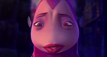 Movie still from “Shark Tale” (2004), directed by Vicky Jenson – A person's face in a cartoon style; Close Up shot, High angle
