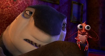 Movie still from “Shark Tale” (2004), directed by Vicky Jenson – A shark and a dog in a room; Medium shot, Low angle