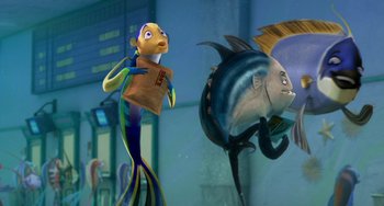 Movie still from “Shark Tale” (2004), directed by Vicky Jenson – An animated fish is holding a piece of paper in its mouth; Medium shot, High angle