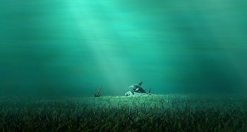 Movie still from “Shark Tale” (2004), directed by Vicky Jenson – An underwater view of some animals in the water; Extreme Wide shot, High angle