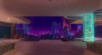 Movie still from “Shark Tale” (2004), directed by Vicky Jenson – An empty room with a large window and a large screen; Extreme Wide shot, High angle