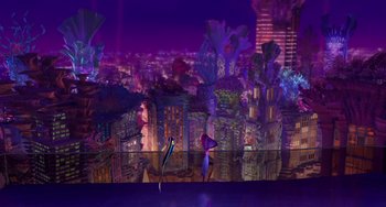 Movie still from “Shark Tale” (2004), directed by Vicky Jenson – A woman standing in front of a city at night; Extreme Wide shot, High angle