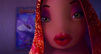 Movie still from “Shark Tale” (2004), directed by Vicky Jenson – View of the face of a doll; Extreme Close Up shot, High angle