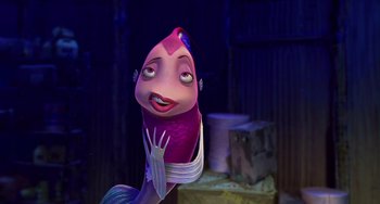 Movie still from “Shark Tale” (2004), directed by Vicky Jenson – The head of a cartoon character; Close Up shot, High angle