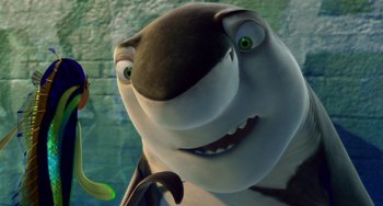 Movie still from “Shark Tale” (2004), directed by Vicky Jenson – A cartoon shark's face; Close Up shot, Low angle