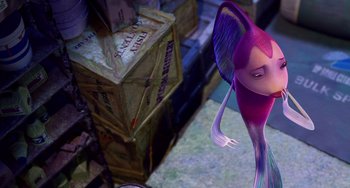 Movie still from “Shark Tale” (2004), directed by Vicky Jenson – An image of an animated fish in a room; Medium shot, High angle