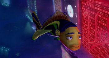 Movie still from “Shark Tale” (2004), directed by Vicky Jenson – A fish in a room; Medium shot, Low angle