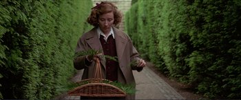 Movie still from “The Remains of the Day” (1993), directed by James Ivory – A woman in a brown jacket holding a basket of green plants; Medium shot, High angle
