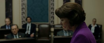 Movie still from “The Report” (2019), directed by Scott Z. Burns – An older woman in a purple dress in a court room; Close Up shot, Over the shoulder angle