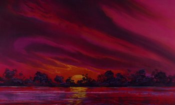 Movie still from “The Rescuers” (1977), directed by Wolfgang Reitherman – A painting of a red sky and a body of water; Extreme Wide shot, Low angle
