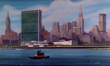 Movie still from “The Rescuers” (1977), directed by Wolfgang Reitherman – A painting of a boat on the water near a city; Extreme Wide shot, Low angle