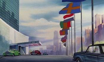 Movie still from “The Rescuers” (1977), directed by Wolfgang Reitherman – A painting of a gas station with many different flags flying; Extreme Wide shot, Low angle