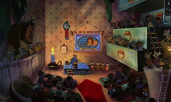 Movie still from “The Rescuers” (1977), directed by Wolfgang Reitherman – A room filled with toys and a fireplace; Extreme Wide shot, Overhead angle