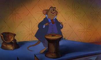 Movie still from “The Rescuers” (1977), directed by Wolfgang Reitherman – A mouse in a suit standing in front of a wooden object; Medium shot, High angle