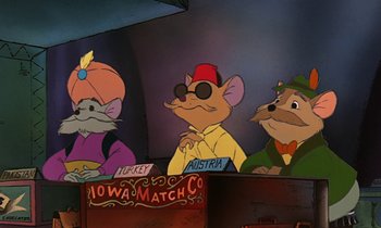 Movie still from “The Rescuers” (1977), directed by Wolfgang Reitherman – A group of cartoon mice sitting in front of a sign; Wide shot, High angle